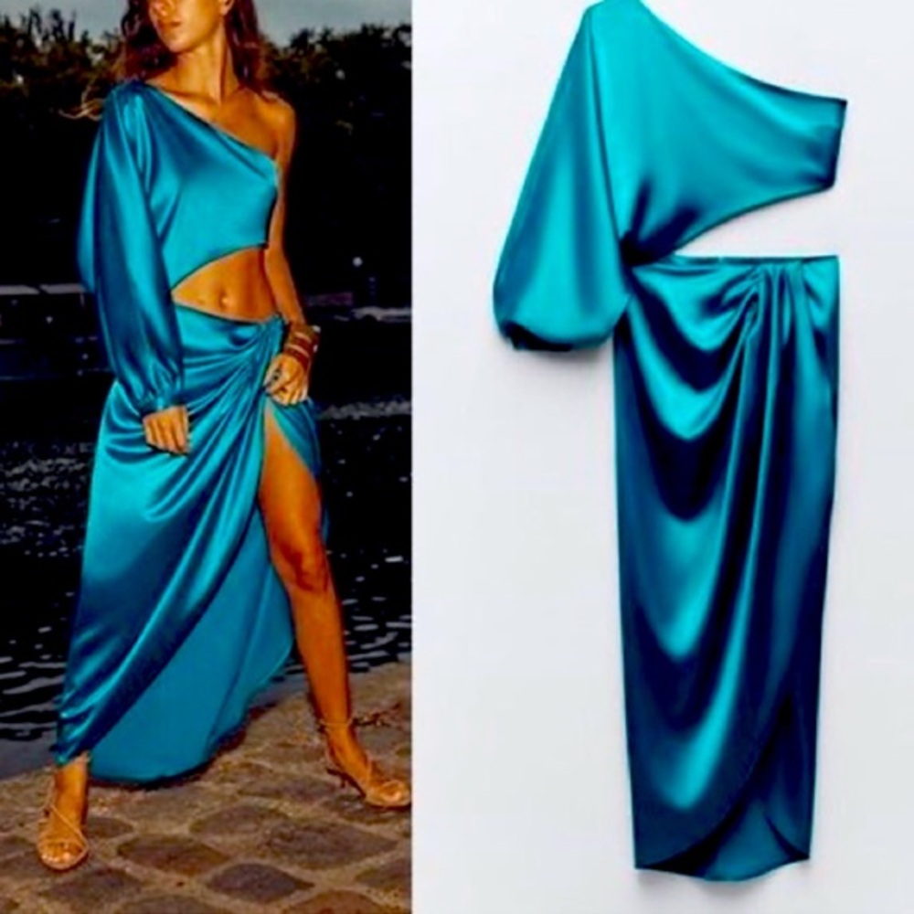 ZARA WOMENS NWT TURQUOISE SATIN EFFECT
ASYMMETRIC DRESS 8159/899